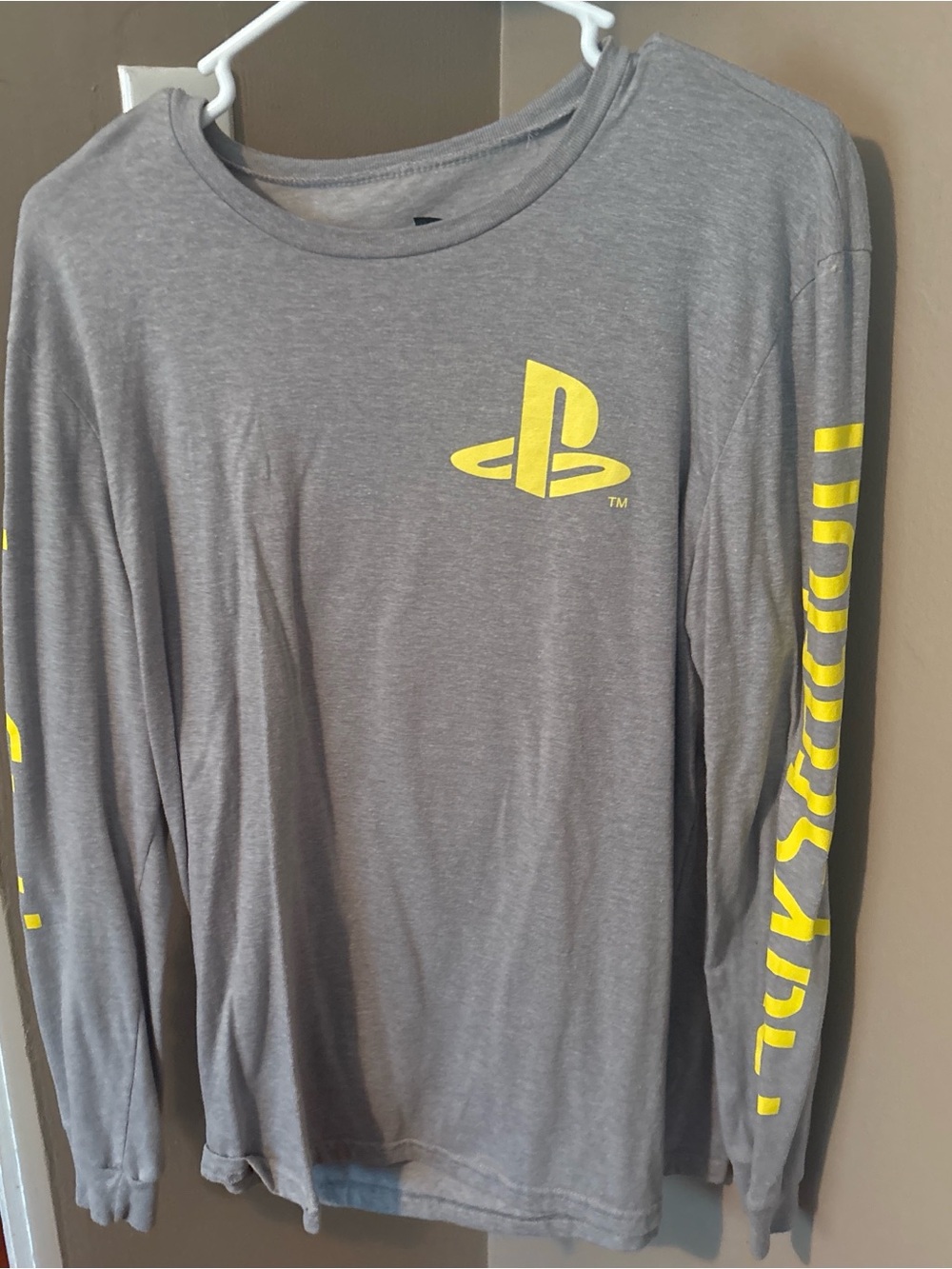Sony Gray Long Sleeve Shirt with Yellow PlayStation Logo and Sleeve Graphics